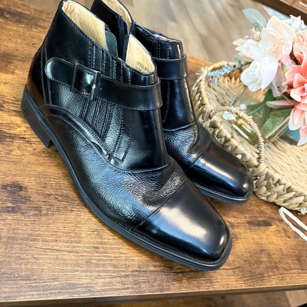 La Milano Premium Grain Leather Oil-Rub Black Ankle Boot*side Zipper+Buckle